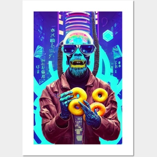 happy cyberpunk monkey with donuts Posters and Art